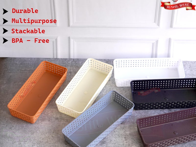 RUSHIL WERE Multipurpose Desk Organizer Basket | 1 Free Mobile Pyramid | Storage Basket for Kitchen, Bathroom, Office, Makeup | Multicolour | 23 × 8 × 5 cm | Plastic | Pack of 6 - Image 5