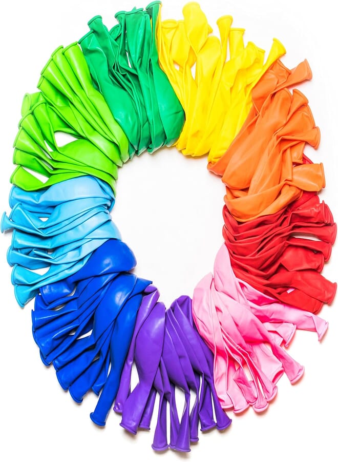 Dusico Party balloons 12 inches rainbow set (100 pack), assorted colored balloons bulk made strong latex helium air use, birthday balloon arch supplies, decoration accessory.
