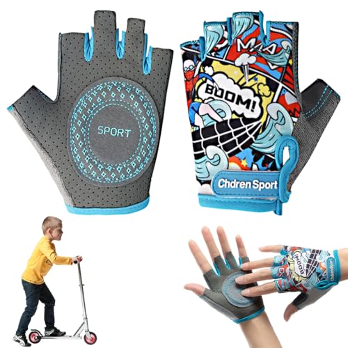 Proberos® Kids Bike Gloves Surfing Boy Cartoon Print Kids Riding Gloves Anti-Slip Breathable Fingerless Riding Gloves Sport Gloves for 9-15 Years Old, L - Image 1