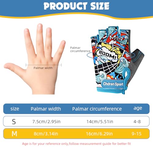 Proberos® Kids Bike Gloves Surfing Boy Cartoon Print Kids Riding Gloves Anti-Slip Breathable Fingerless Riding Gloves Sport Gloves for 9-15 Years Old, L - Image 2