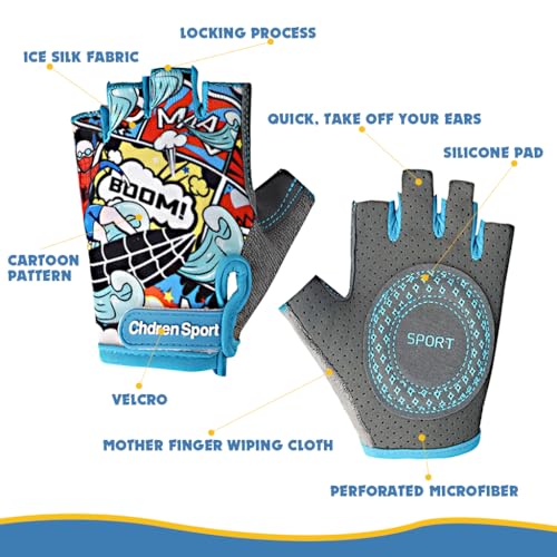 Proberos® Kids Bike Gloves Surfing Boy Cartoon Print Kids Riding Gloves Anti-Slip Breathable Fingerless Riding Gloves Sport Gloves for 9-15 Years Old, L - Image 3