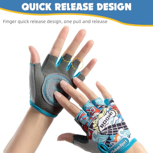 Proberos® Kids Bike Gloves Surfing Boy Cartoon Print Kids Riding Gloves Anti-Slip Breathable Fingerless Riding Gloves Sport Gloves for 9-15 Years Old, L - Image 4