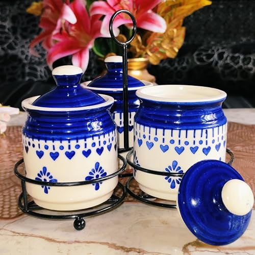 Niyara Handcrafted Ceramic Pickle Jar Set, Spoons & Lids – Multipurpose Storage for Pickles, Chutneys, Spices & Condiments (Set of 3, 300ML/Each with metal tray) (Blue floral design) - Image 2