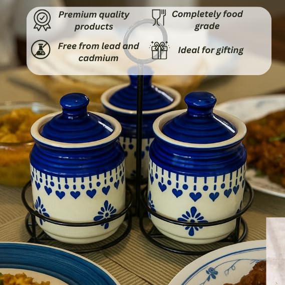 Niyara Handcrafted Ceramic Pickle Jar Set, Spoons & Lids – Multipurpose Storage for Pickles, Chutneys, Spices & Condiments (Set of 3, 300ML/Each with metal tray) (Blue floral design) - Image 5
