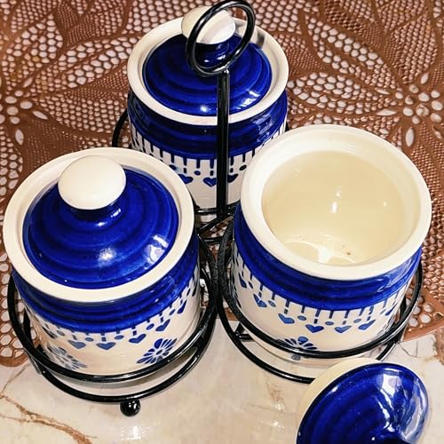 Niyara Handcrafted Ceramic Pickle Jar Set, Spoons & Lids – Multipurpose Storage for Pickles, Chutneys, Spices & Condiments (Set of 3, 300ML/Each with metal tray) (Blue floral design) - Image 4