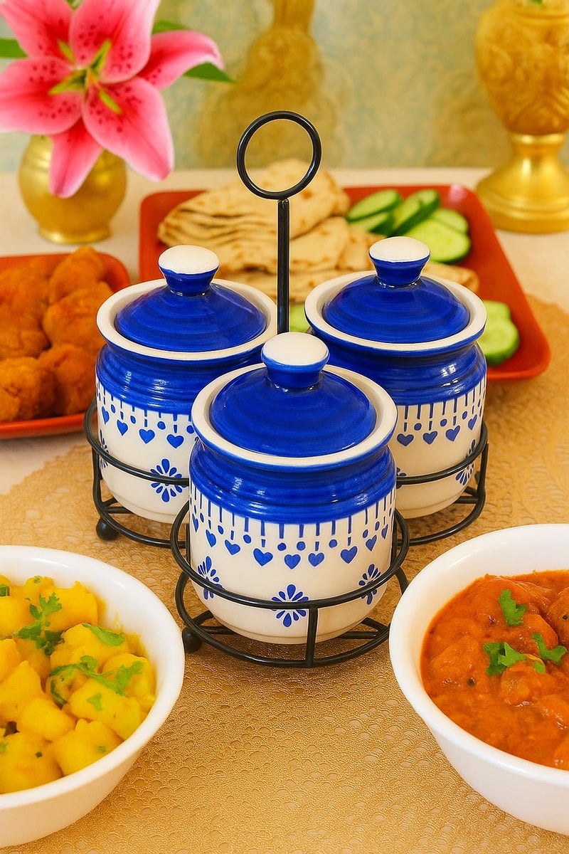 Niyara Handcrafted Ceramic Pickle Jar Set, Spoons & Lids – Multipurpose Storage for Pickles, Chutneys, Spices & Condiments (Set of 3, 300ML/Each with metal tray) (Blue floral design) - Image 1
