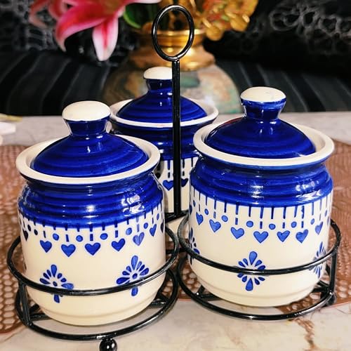 Niyara Handcrafted Ceramic Pickle Jar Set, Spoons & Lids – Multipurpose Storage for Pickles, Chutneys, Spices & Condiments (Set of 3, 300ML/Each with metal tray) (Blue floral design) - Image 3