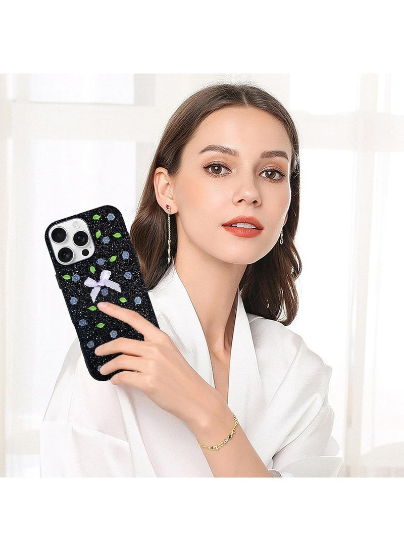 Techie Floral Luxury Sparkling Diamond Rhinestone Back Cover Case for Apple iPhone 16 Pro Max - Black - Image 2