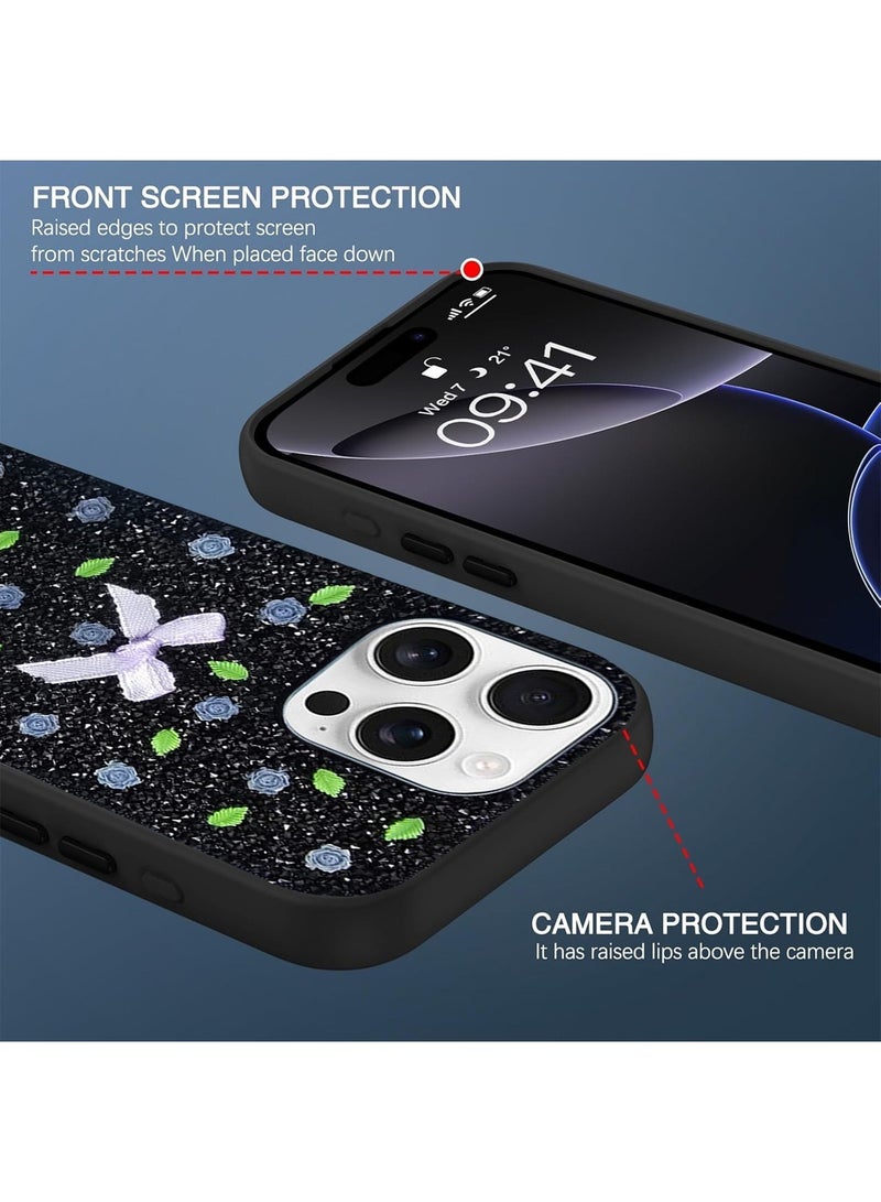 Techie Floral Luxury Sparkling Diamond Rhinestone Back Cover Case for Apple iPhone 16 Pro Max - Black - Image 3