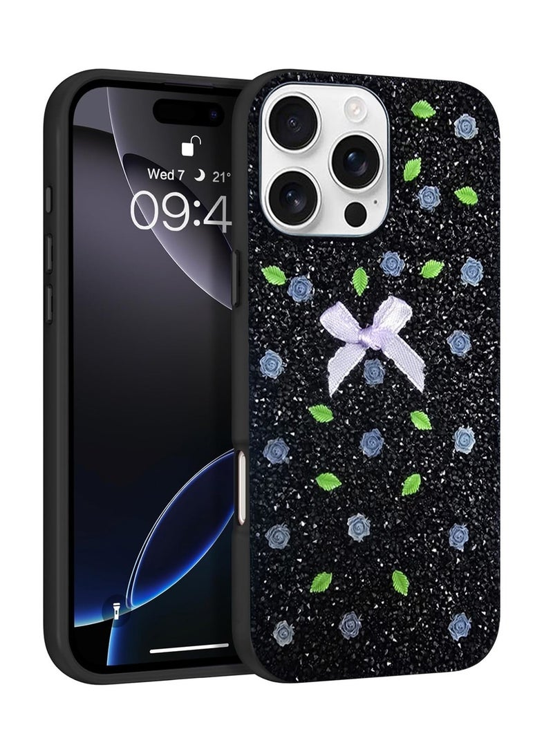 Techie Floral Luxury Sparkling Diamond Rhinestone Back Cover Case for Apple iPhone 16 Pro Max - Black - Image 1