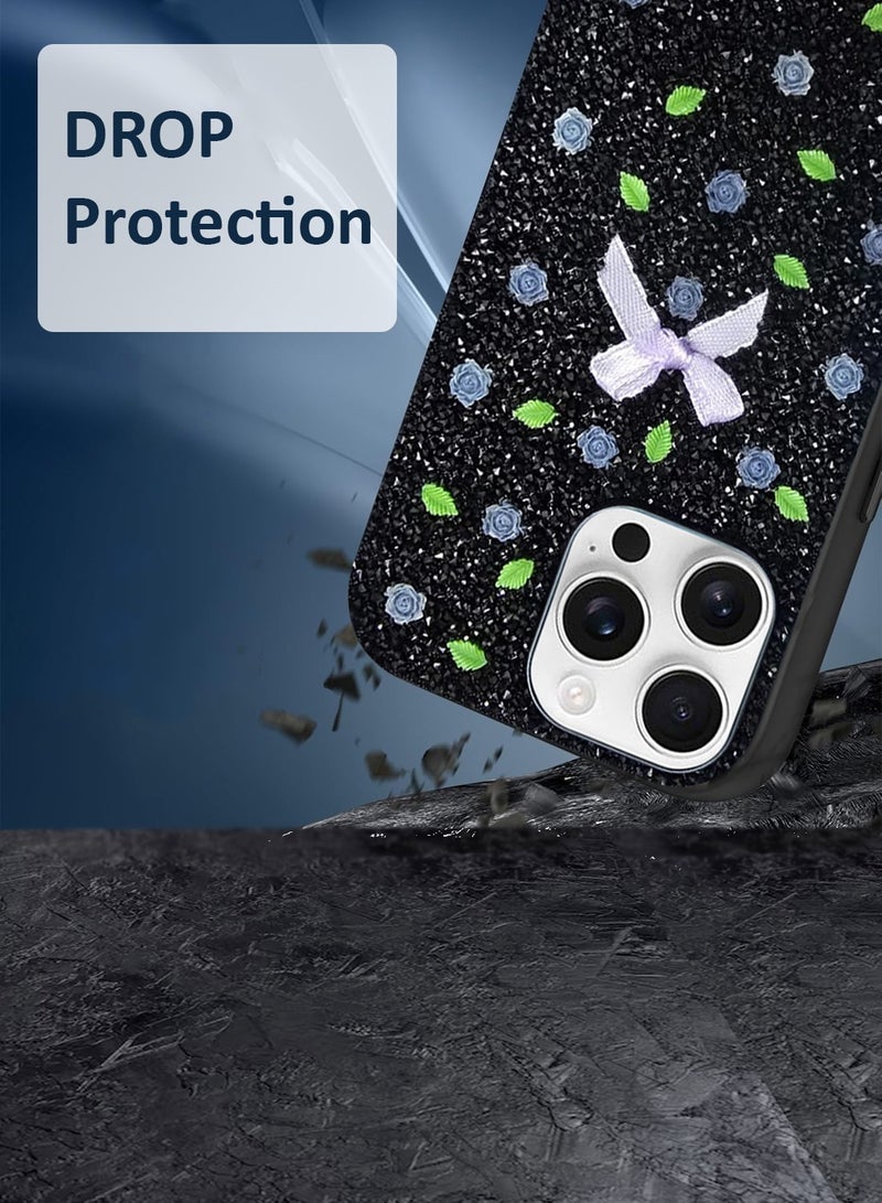 Techie Floral Luxury Sparkling Diamond Rhinestone Back Cover Case for Apple iPhone 16 Pro Max - Black - Image 5
