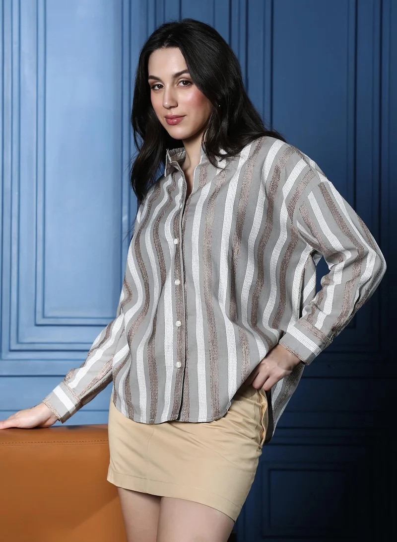 Pinacolada  Women's Coin Grey & Ash Brown Candy-Striped Jacquard Oversized Shirt for Women | Best Price UAE
