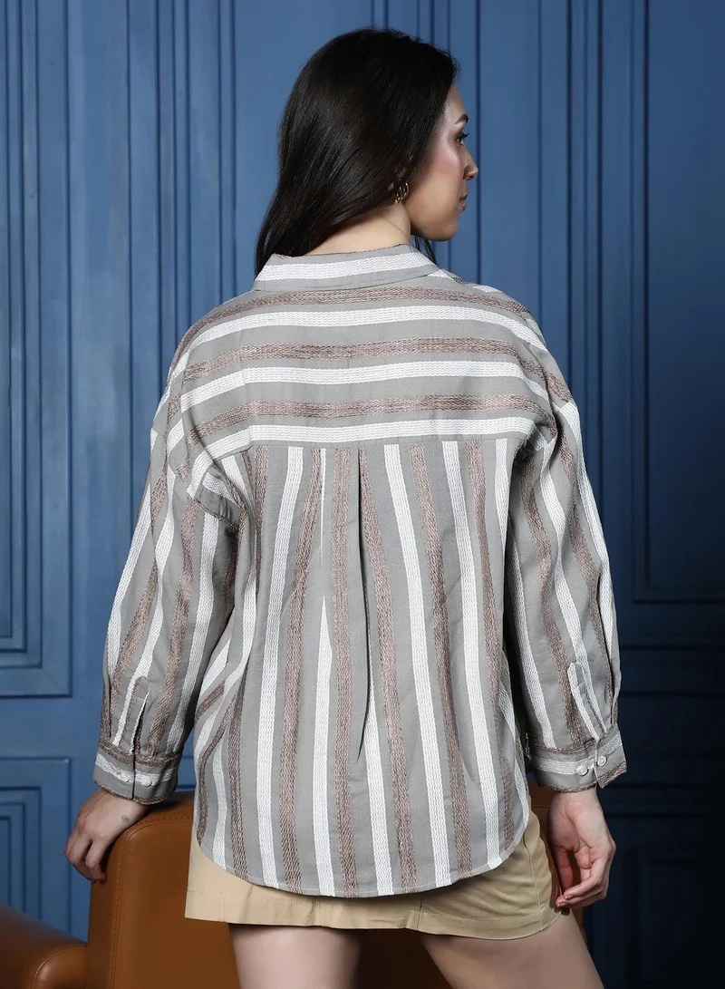 Pinacolada  Women's Coin Grey & Ash Brown Candy-Striped Jacquard Oversized Shirt for Women | Best Price UAE