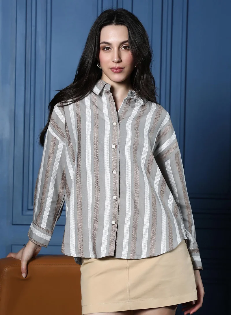 Women's Coin Grey & Ash Brown Candy-Striped Jacquard Oversized Shirt