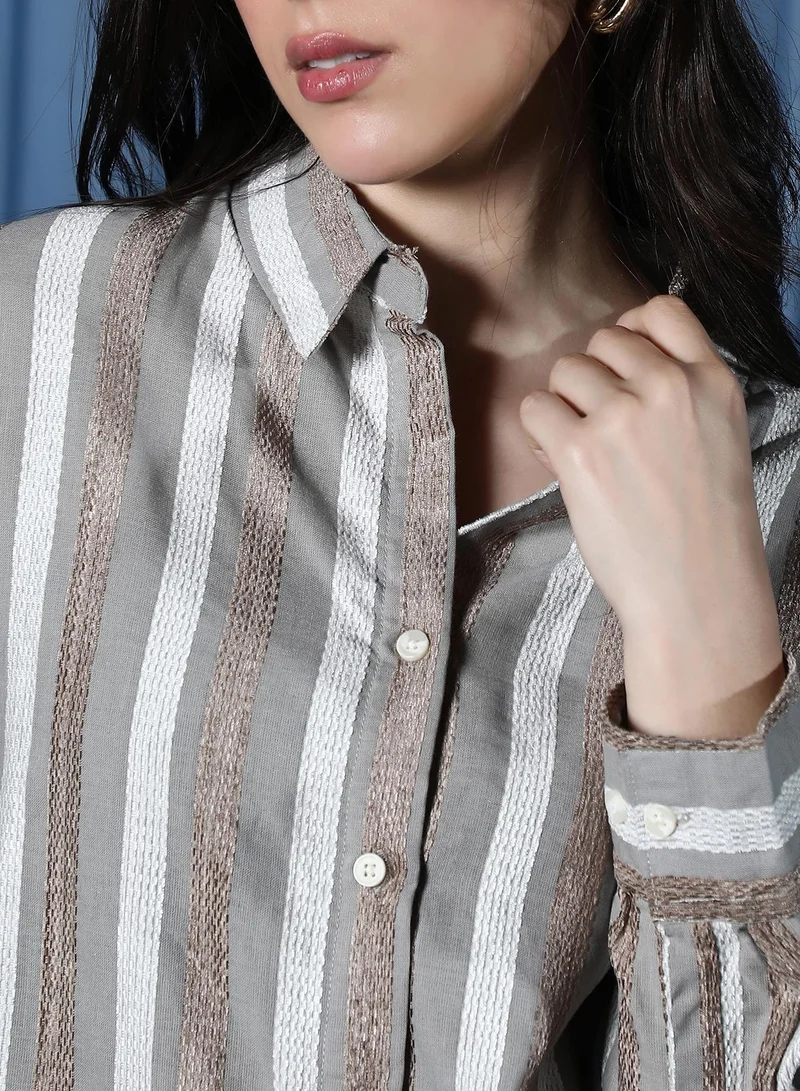 Pinacolada  Women's Coin Grey & Ash Brown Candy-Striped Jacquard Oversized Shirt for Women | Best Price UAE