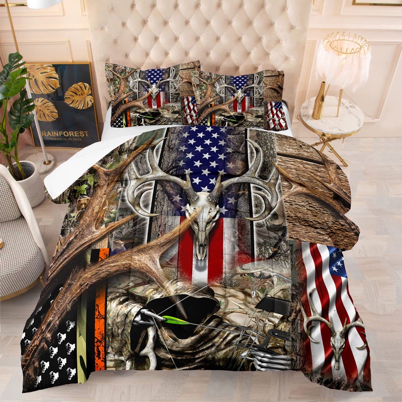 Tailor Shop American Flag Comforter Set for Boys Teens Jungle Western Adventure Hunting Wood Skull Deer Comforter American Flag Bedding Sets Full Size with 1 Comforter 2 Pillowcases