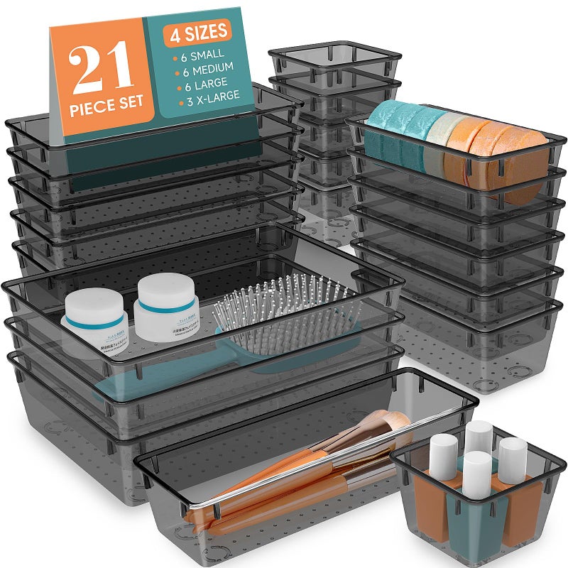 WOWBOX 21 PCS Clear Plastic Drawer Organizer Set 4 Sizes Desk Drawer Divider Organizers and Storage Bins for Makeup Jewelry Gadgets for Kitchen Bedroom Bathroom Office Black