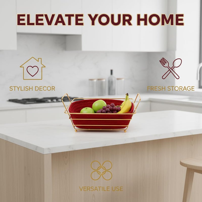 Bread Basket Metal Gold Wire Serving Basket with Removable Fabric Liner, Kitchen Countertop Organizer for Bread Fruit Vegetables Snacks (Red) - Image 2