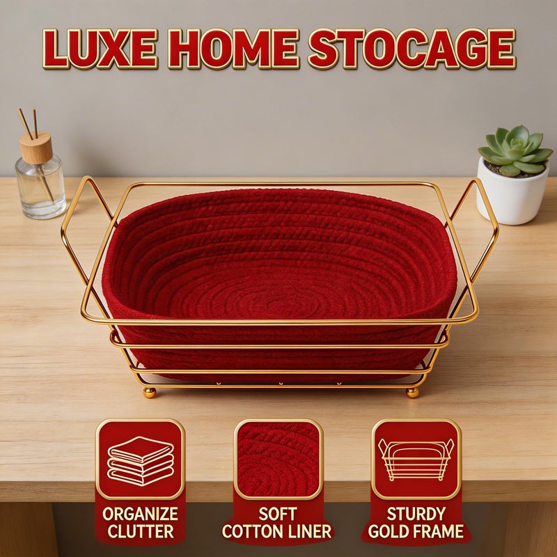 Bread Basket Metal Gold Wire Serving Basket with Removable Fabric Liner, Kitchen Countertop Organizer for Bread Fruit Vegetables Snacks (Red) - Image 3