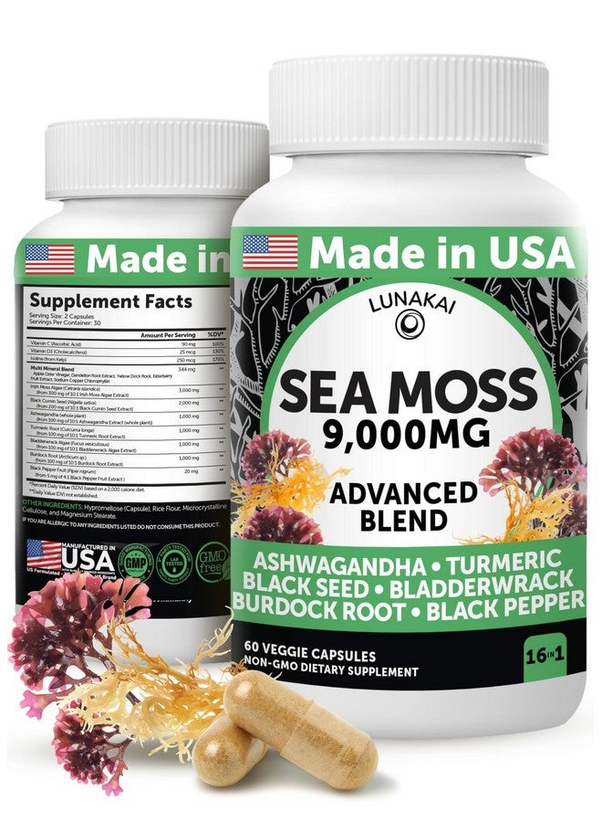 Lunakai USA Made Irish Sea Moss Capsules with Black Seed Oil, Ashwagandha, Burdock Root & Bladderwrack, 60ct - Image 1