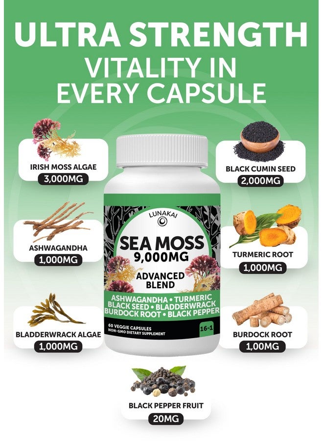 Lunakai USA Made Irish Sea Moss Capsules with Black Seed Oil, Ashwagandha, Burdock Root & Bladderwrack, 60ct - Image 3