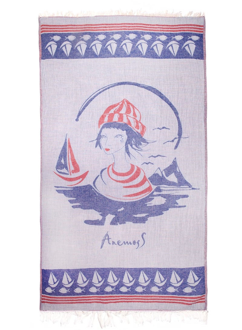 Anemoss Turkish Peshtemal Bath Towel, Large Size 100x180cm, Sailor Girl Pattern Design, 100% Cotton Soft & Quick Dry Material, Versatile Use for Beach, Pool and Bath, Peshtemal Bath Towel - Image 1