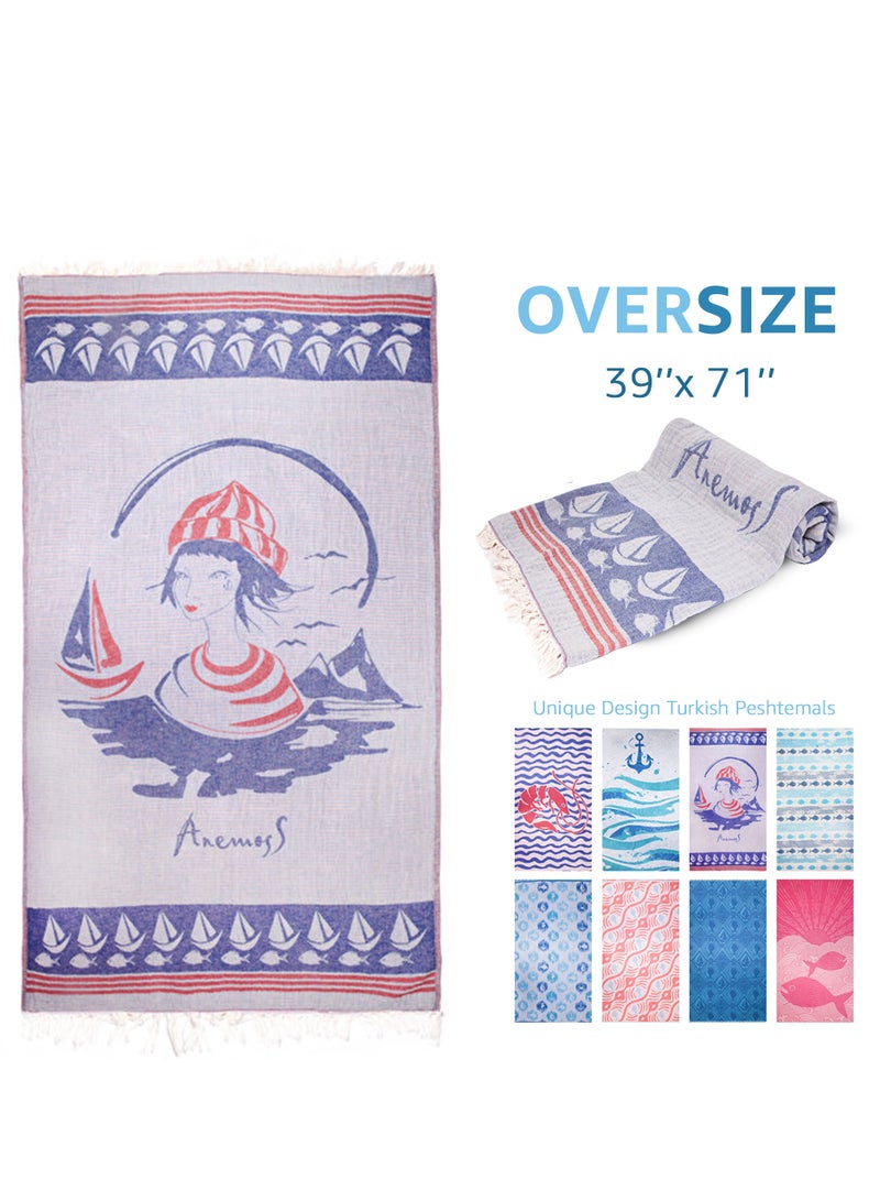 Anemoss Turkish Peshtemal Bath Towel, Large Size 100x180cm, Sailor Girl Pattern Design, 100% Cotton Soft & Quick Dry Material, Versatile Use for Beach, Pool and Bath, Peshtemal Bath Towel - Image 2