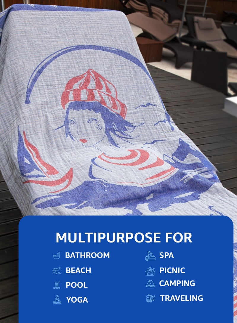 Anemoss Turkish Peshtemal Bath Towel, Large Size 100x180cm, Sailor Girl Pattern Design, 100% Cotton Soft & Quick Dry Material, Versatile Use for Beach, Pool and Bath, Peshtemal Bath Towel - Image 5