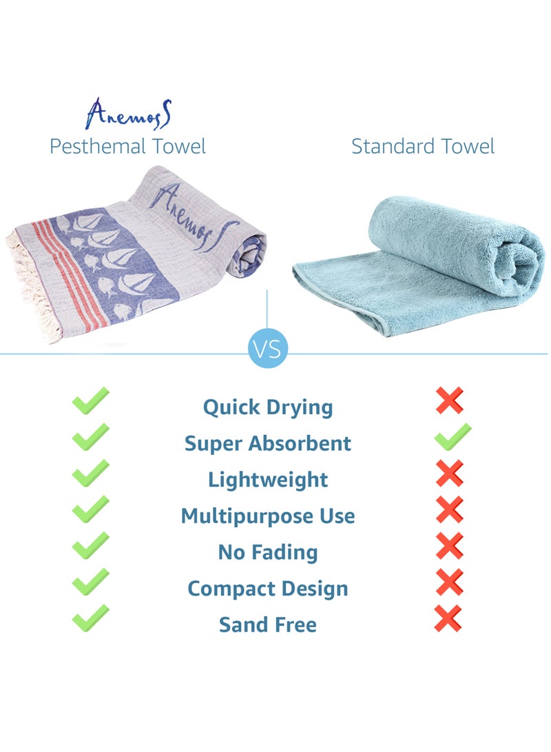 Anemoss Turkish Peshtemal Bath Towel, Large Size 100x180cm, Sailor Girl Pattern Design, 100% Cotton Soft & Quick Dry Material, Versatile Use for Beach, Pool and Bath, Peshtemal Bath Towel - Image 4