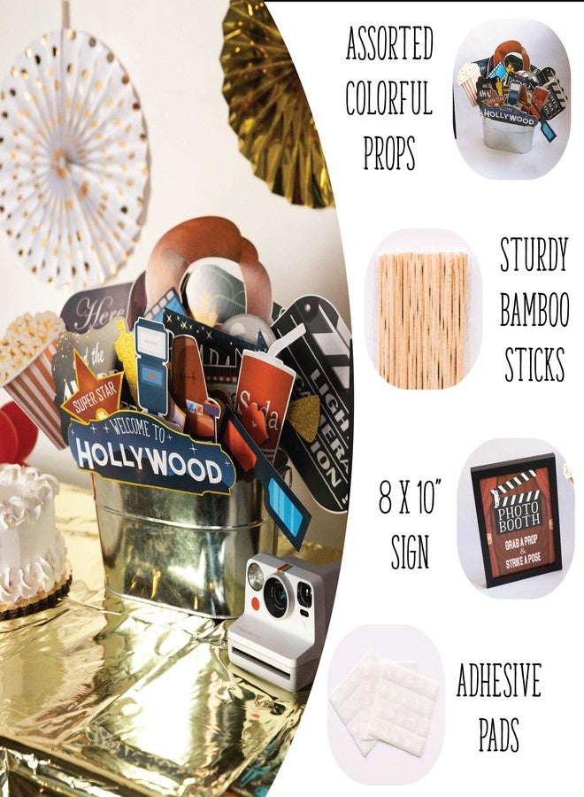 Outside The Booth Hollywood Photo Booth Props - 41-pc Photobooth Kit with 8 x 10-Inch Sign, 60 Adhesive Pads, 45 Sticks - Movie Night Supplies - Hollywood Party Decorations - Image 2
