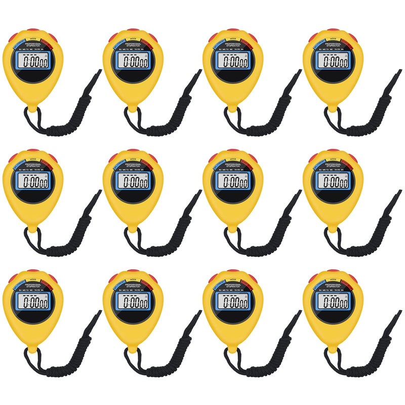 12 Pack MultiFunction Electronic Digital Sport Stopwatch Timer Large Display with Date Time and Alarm FunctionSuitable for Sports Coaches Fitness Coaches and Referees Yellow