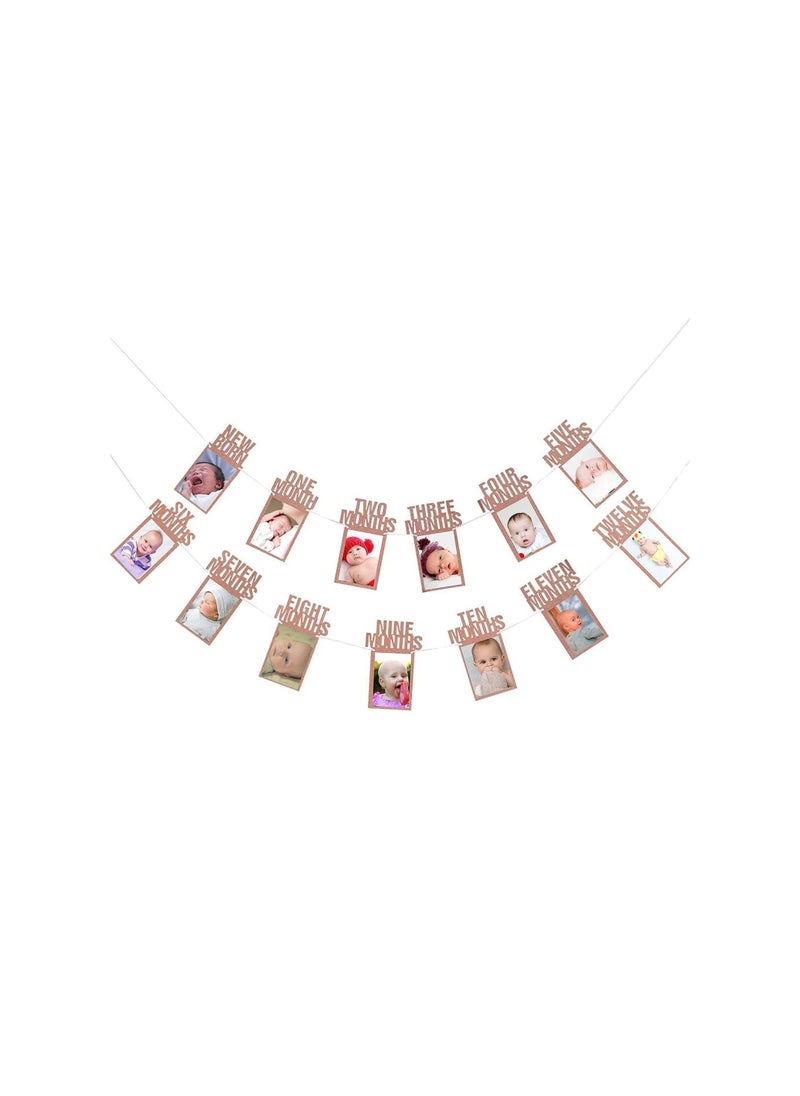 Party with Emma 1st Birthday Photo Banner for Baby from Newborn to 12 Months First Birthday Decorations Boy or Girl Monthly Milestones Garland First Birthday Photo Banner Pre strung with Frame (Rose Gold)  - Image 1