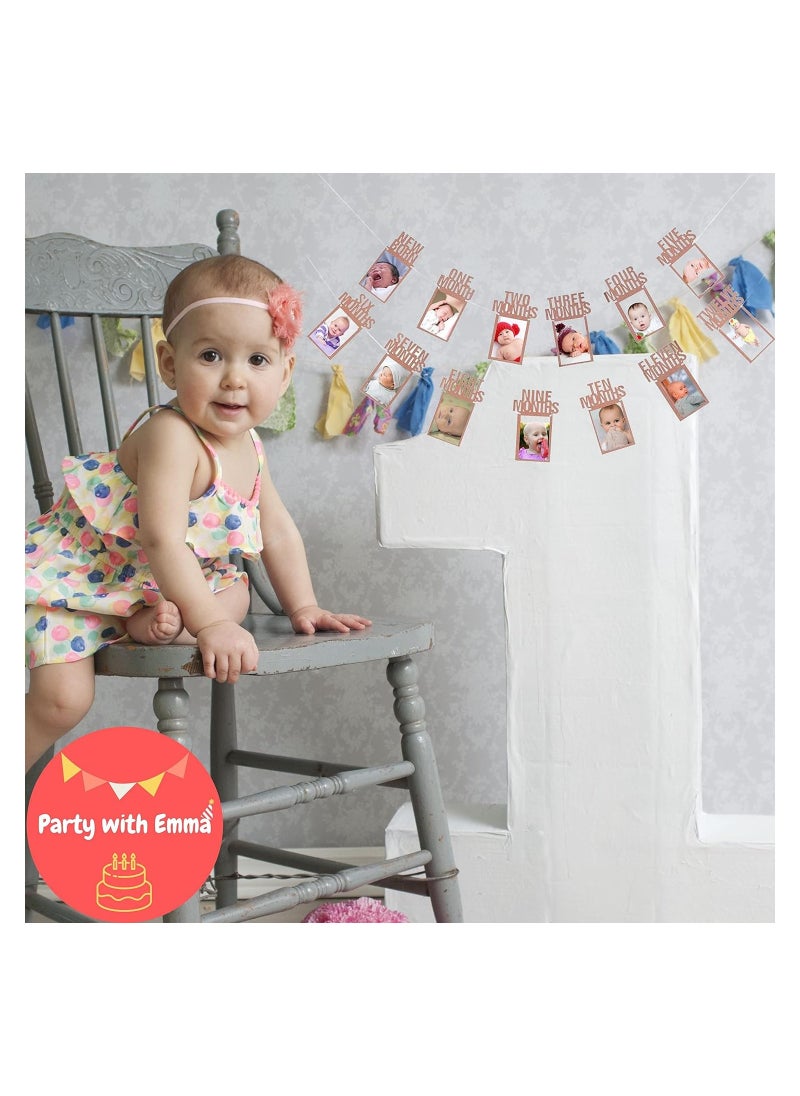 Party with Emma 1st Birthday Photo Banner for Baby from Newborn to 12 Months First Birthday Decorations Boy or Girl Monthly Milestones Garland First Birthday Photo Banner Pre strung with Frame (Rose Gold)  - Image 4