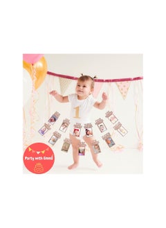 Party with Emma 1st Birthday Photo Banner for Baby from Newborn to 12 Months First Birthday Decorations Boy or Girl Monthly Milestones Garland First Birthday Photo Banner Pre strung with Frame (Rose Gold)  - Image 2