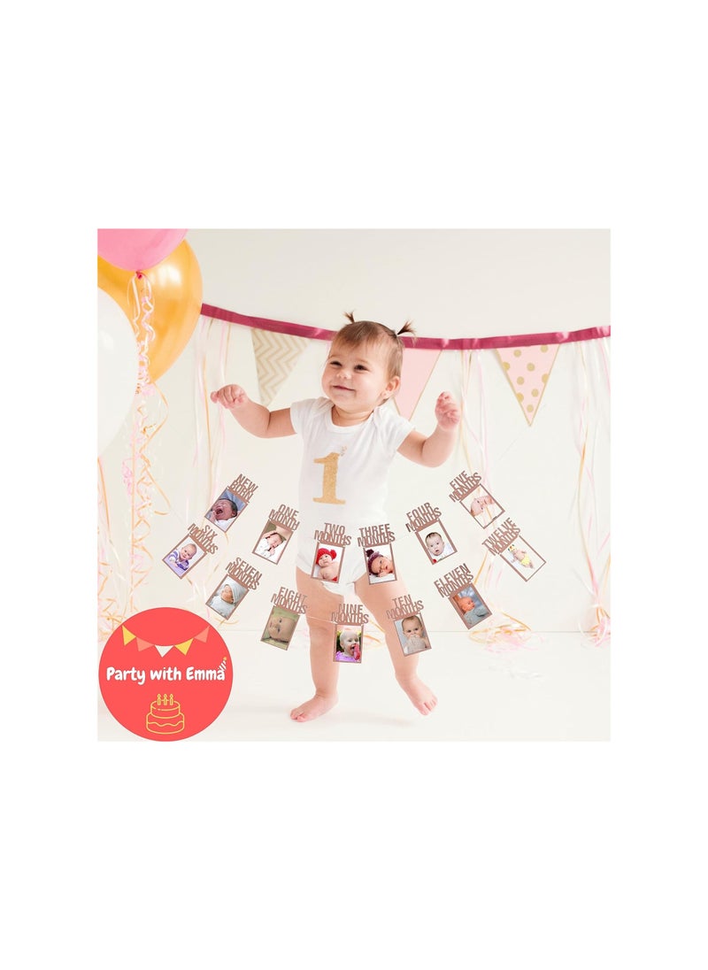 Party with Emma 1st Birthday Photo Banner for Baby from Newborn to 12 Months First Birthday Decorations Boy or Girl Monthly Milestones Garland First Birthday Photo Banner Pre strung with Frame (Rose Gold)  - Image 2
