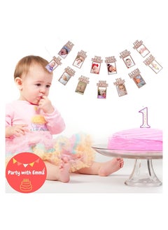 Party with Emma 1st Birthday Photo Banner for Baby from Newborn to 12 Months First Birthday Decorations Boy or Girl Monthly Milestones Garland First Birthday Photo Banner Pre strung with Frame (Rose Gold)  - Image 5