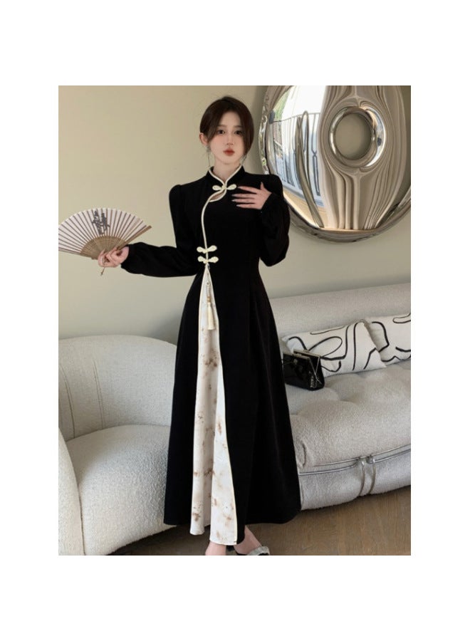 فستان أسود أسلوب صيني عتيق تشينغسام محسن كبير الحجم خفيف بأكمام طويلة عالي الخصر