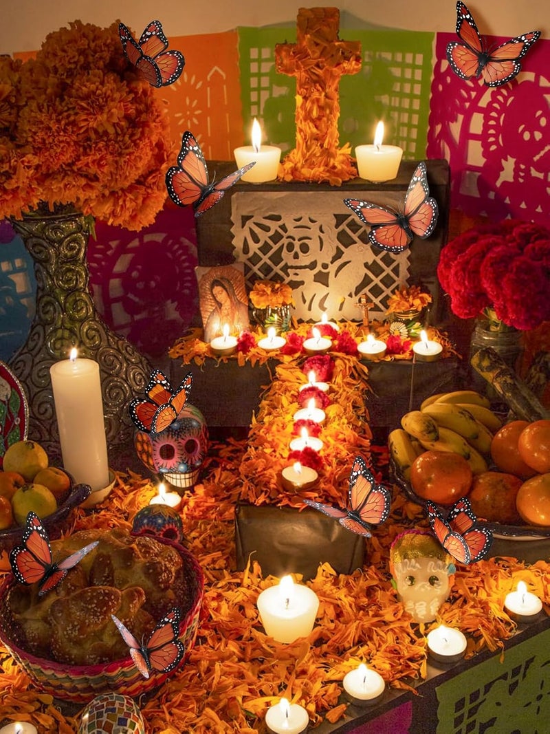 Bigmeta Day of The Dead Monarch Butterfly Decorations, 12 Pcs Halloween Orange Artificial 3D Premium Fake Butterflies Craft, Wall Refrigerator Decor for Dia De Los Muertos Ofrenda Altar - Image 5
