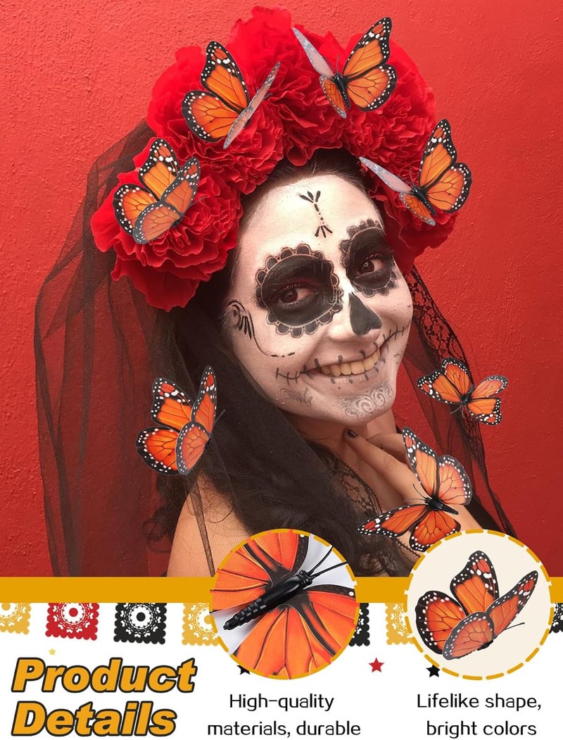 Bigmeta Day of The Dead Monarch Butterfly Decorations, 12 Pcs Halloween Orange Artificial 3D Premium Fake Butterflies Craft, Wall Refrigerator Decor for Dia De Los Muertos Ofrenda Altar - Image 2