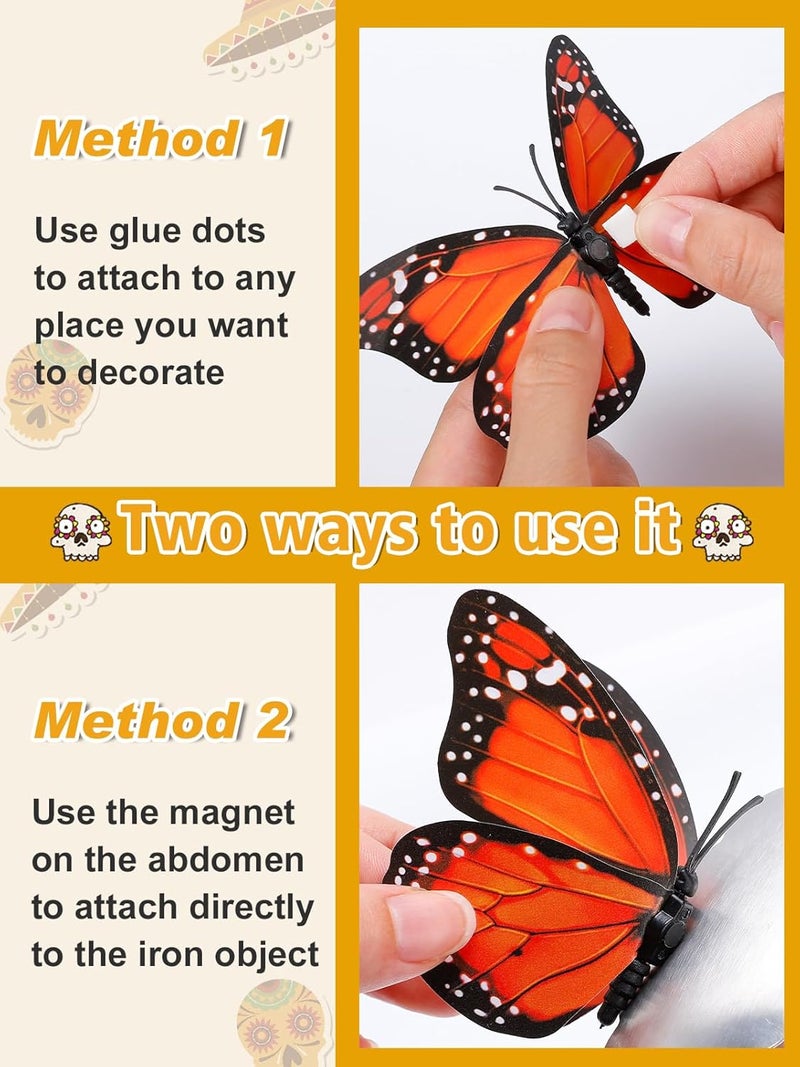 Bigmeta Day of The Dead Monarch Butterfly Decorations, 12 Pcs Halloween Orange Artificial 3D Premium Fake Butterflies Craft, Wall Refrigerator Decor for Dia De Los Muertos Ofrenda Altar - Image 4