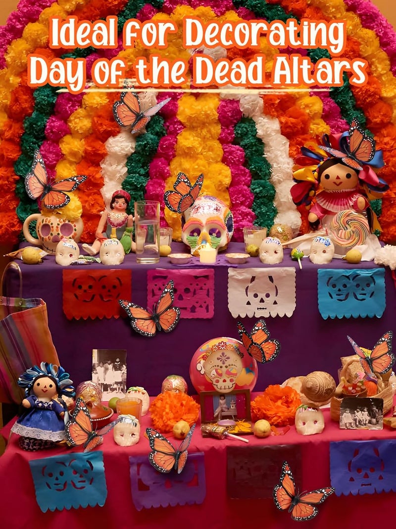Bigmeta Day of The Dead Monarch Butterfly Decorations, 12 Pcs Halloween Orange Artificial 3D Premium Fake Butterflies Craft, Wall Refrigerator Decor for Dia De Los Muertos Ofrenda Altar - Image 3