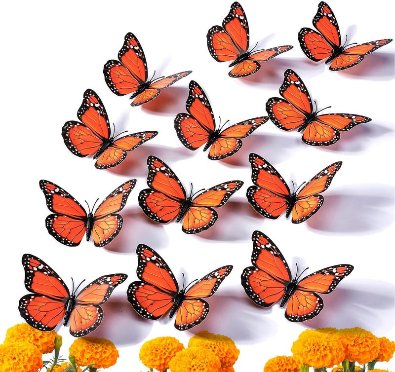 Bigmeta Day of The Dead Monarch Butterfly Decorations, 12 Pcs Halloween Orange Artificial 3D Premium Fake Butterflies Craft, Wall Refrigerator Decor for Dia De Los Muertos Ofrenda Altar - Image 1