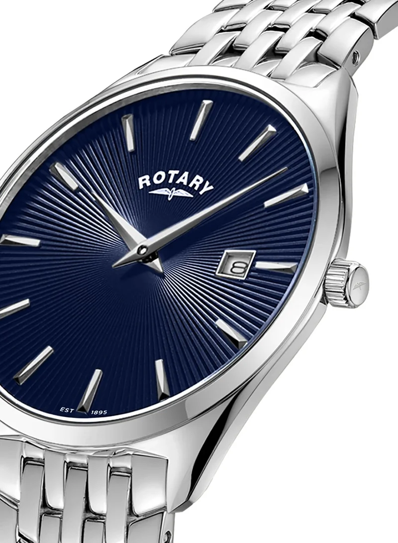 Rotary Men's Ultra Slim Analogue Watch, 38 mm, Blue Dial, Stainless Steel Bracelet