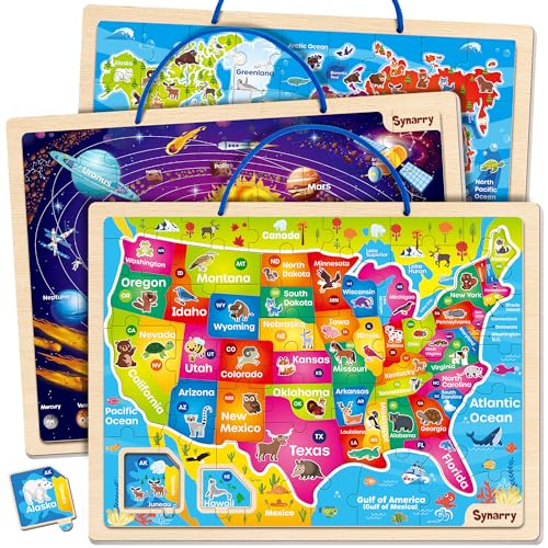 SYNARRY Large USA World Solar System Wooden Magnetic Puzzles for Kids Ages 46 Wood Puzzles Educational Games Toys Easter Gifts for Toddlers United States World Space Map for Boys Girls Ages 35 48 - Image 1