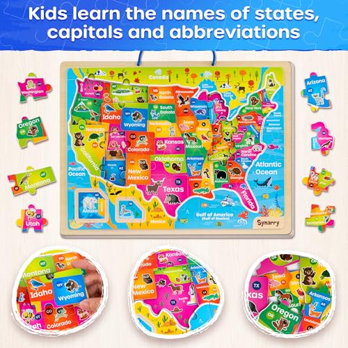 SYNARRY Large USA World Solar System Wooden Magnetic Puzzles for Kids Ages 46 Wood Puzzles Educational Games Toys Easter Gifts for Toddlers United States World Space Map for Boys Girls Ages 35 48 - Image 5