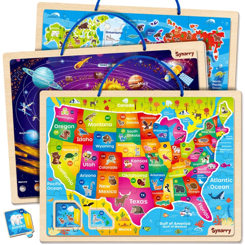 SYNARRY Large USA World Solar System Wooden Magnetic Puzzles for Kids Ages 46 Wood Puzzles Educational Games Toys Easter Gifts for Toddlers United States World Space Map for Boys Girls Ages 35 48 - Image 3