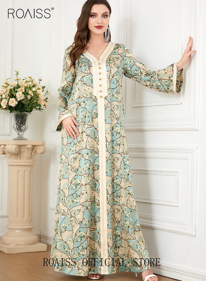 roaiss Ramadan Women Muslim Dress V-Collor Embroidery Evening Party Gown Bell Sleeve Long Dresses Party Robe Women Embroidery Islamic Dresses  - Image 1