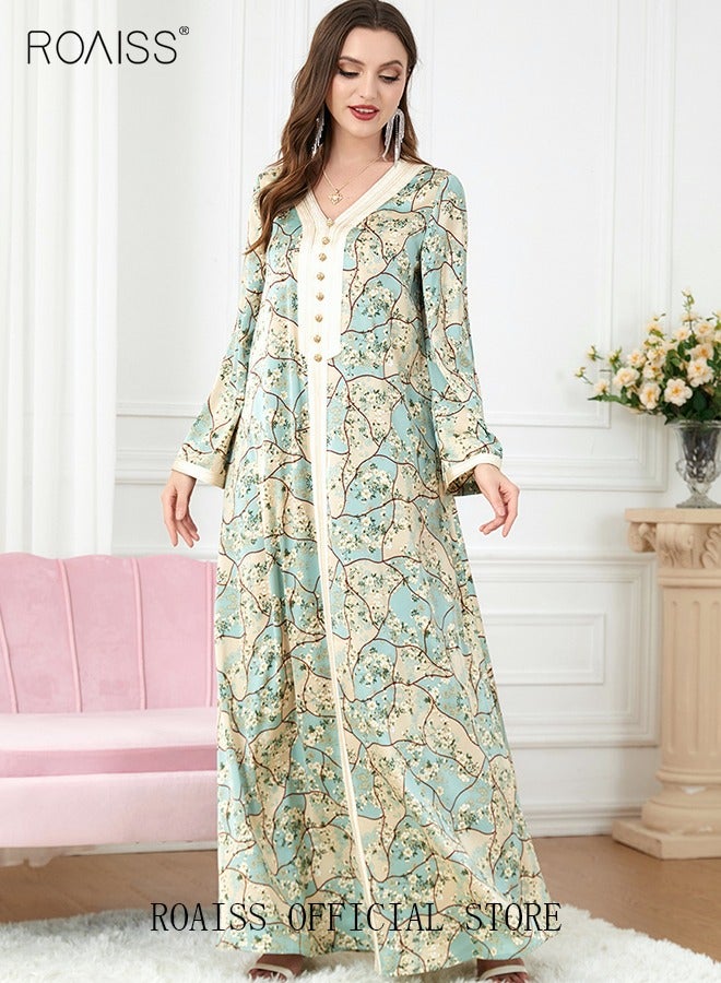 roaiss Ramadan Women Muslim Dress V-Collor Embroidery Evening Party Gown Bell Sleeve Long Dresses Party Robe Women Embroidery Islamic Dresses  - Image 2