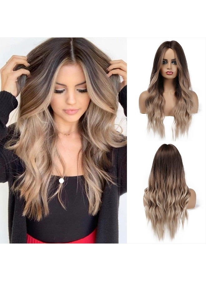 Esmee باروكة شقراء أومبري بطول 20 بوصة مع غرة، باروكات صناعية طويلة ومجعدة للنساء، جذور بنية وشعر شقراء - Image 1