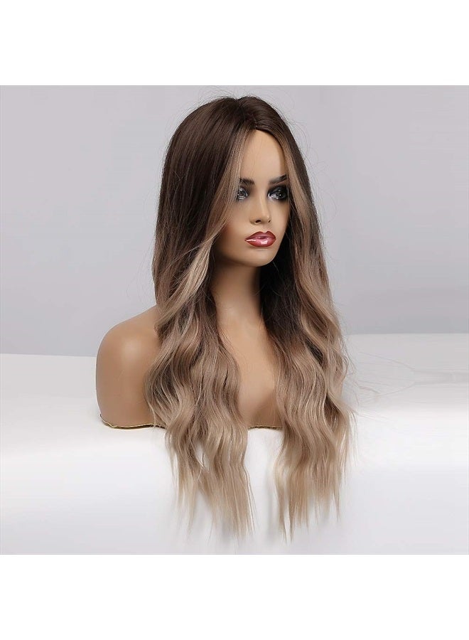 Esmee باروكة شقراء أومبري بطول 20 بوصة مع غرة، باروكات صناعية طويلة ومجعدة للنساء، جذور بنية وشعر شقراء - Image 3